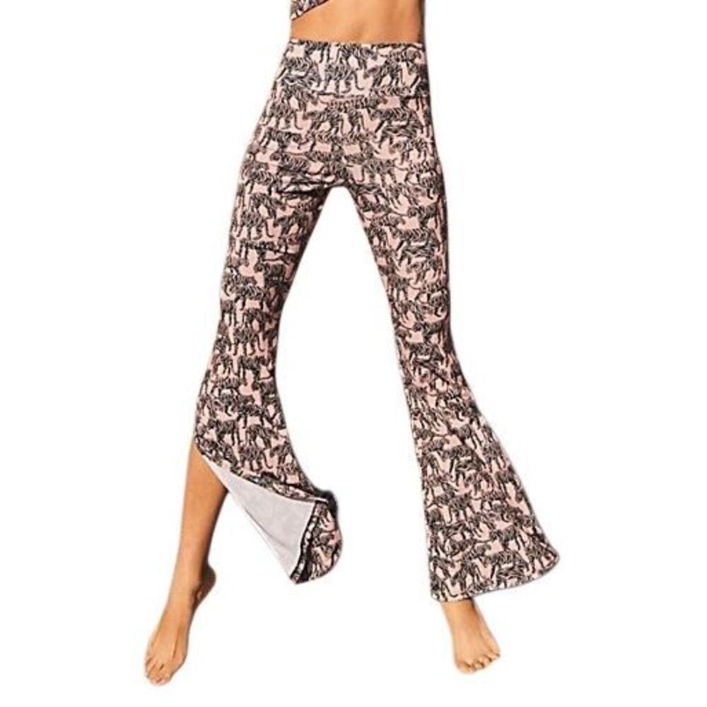 Free People Onzie Pants Take Me Away Flare Hight Waist Animal Tiger Print Pink B